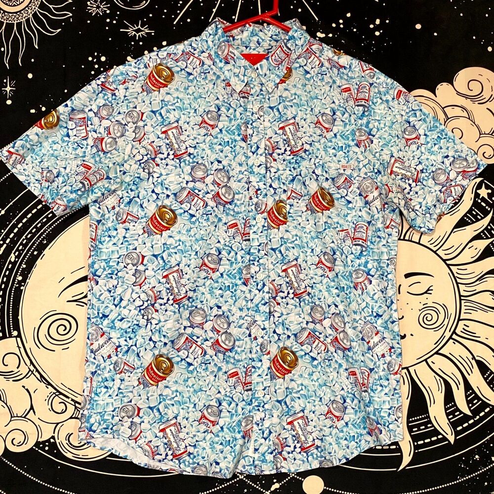 RSVLTS Budweiser Dad's Cooler Shirt Men's XL Blue Kunuflex Woven Button-Up Surf